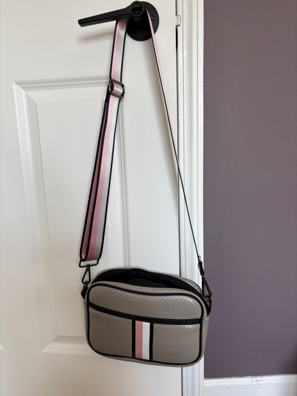 Haute Shore Neutral grey Crossbody with Pink and White Stripe